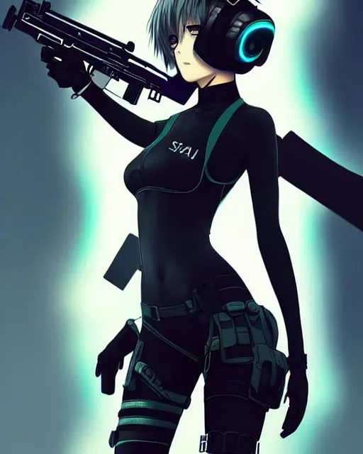 Image similar to 2 b, anime key visual of a young female swat officer, neon, cyberpunk, futuristic, white outfit, black swat vest, swat helmet, holding pdw, stunning, highly detailed, digital painting, smooth, soft focus, illustration, poster, japanese typography, digital art from artstation by artgerm and greg rutkowski and alphonse mucha