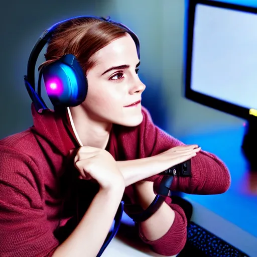 Prompt: model emma watson playing video gaming emma watson playing video gaming gaming on rgb keyboard wearing a gaming headset wearing hoodie sitting on gaming chair at desk dramatic lighting controller award winning photo