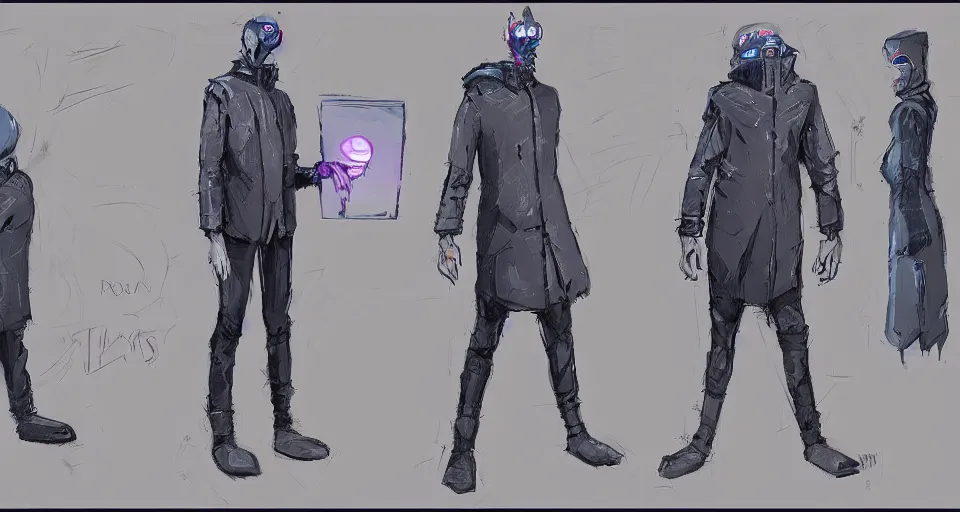 Prompt: concept art of a lean and lanky man that has a TV as a head and wears a cyberpunk coat, concept art, turnaround world building, character design