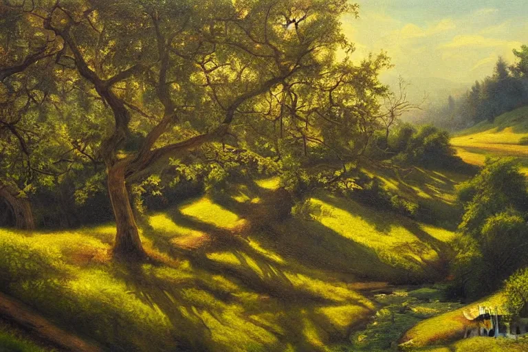 Prompt: masterpiece painting of oak trees on a hillside overlooking a creek, dramatic lighting, by gunnar widforss