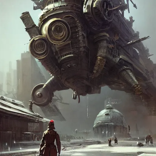 Image similar to a highly detailed epic cinematic concept art CG render digital painting artwork. dieselpunk/sovietpunk/steampunk/cyberpunk. By Greg Rutkowski, Ilya Kuvshinov, WLOP, Stanley Artgerm Lau, Ruan Jia and Fenghua Zhong, trending on ArtStation, made in Maya, Blender and Photoshop, octane render, excellent composition, cinematic atmosphere, dynamic dramatic cinematic lighting, aesthetic, very inspirational, arthouse