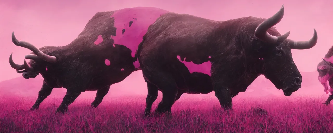 Prompt: concept art by Neil Blevins, James Paick, Natasha Tan Maciej Kuciara, highly detailed, ultra realistic two black bull stay face to face on pink a clearing with pink grass and a river long-range plan cinematic lighting