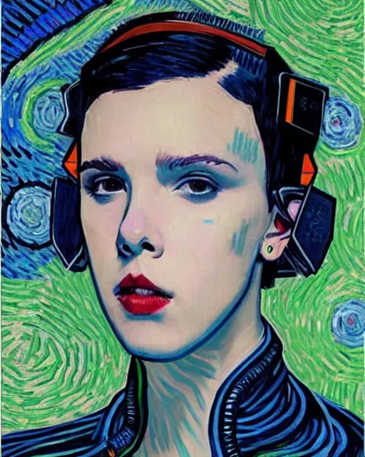 Prompt: cyberpunk millie bobby brown by vincent van gogh