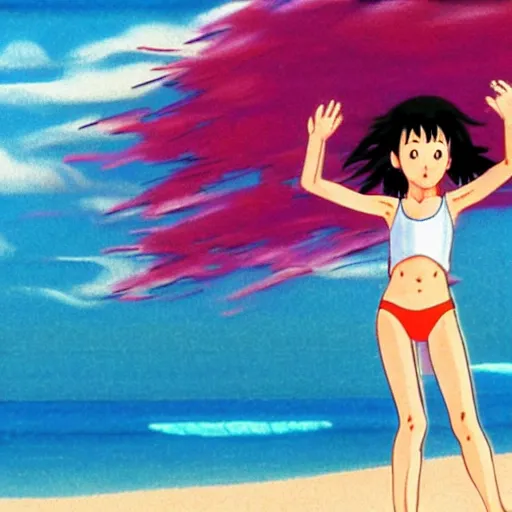 Image similar to girl in swimsuit at the beach running into water, sprite, vaporwave nostalgia, directed by beat takeshi, visual novel cg, 8 0 s anime vibe, kimagure orange road, maison ikkoku, sketch by osamu tezuka, directed by makoto shinkai and beat takeshi