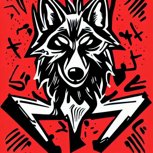 Prompt: vector illustration of a wolf with a mohawk gang tag graffiti, red and black, punk, spray smudge, masterpiece, banksy