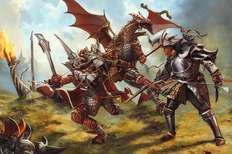 Prompt: dnd knights fighting a dragon