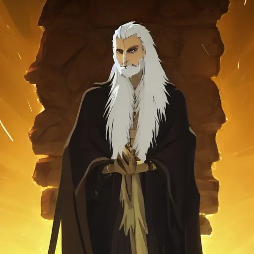 Image similar to a man with spiky white hair and yellow eyes, wearing a black cultist robe, medieval background, highly detailed, digital painting, artstation, matte, by makoto shinkai, animation style, studio ghibli, anime key visual