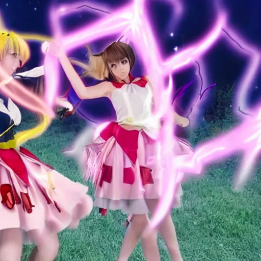 Image similar to a a battle of two real-life mahou shoujo girl using a magic attack, magic movie still frame