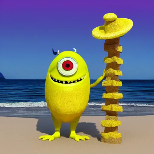 Image similar to 3 d render, of anthropomorphic lemon character that looks like a monster from the movie monsters inc, with lemon skin texture, he is wearing a hat, building a sandcastle on the beach at sunset, beach, huge waves, sun, clouds, long violet and green trees, rim light, cinematic photography, professional, sand, sandcastle, volumetric lightening