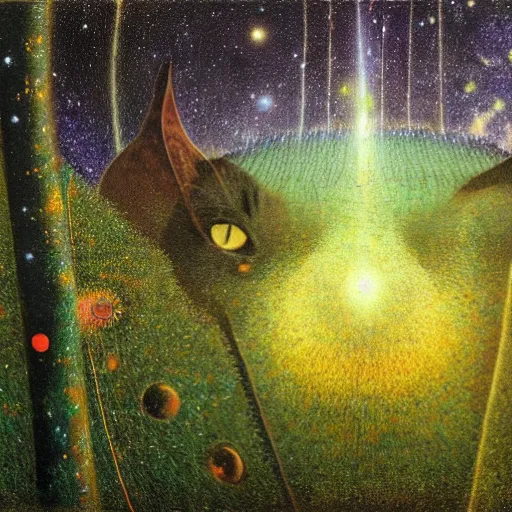 Image similar to psychedelic lush pine forest, outer space, milky way, amber eyes cat eyes designed by arnold bocklin, jules bastien - lepage, tarsila do amaral, wayne barlowe and gustave baumann, cheval michael, trending on artstation, star, sharp focus, colorful refracted sparkles and lines, soft light, 8 k 4 k