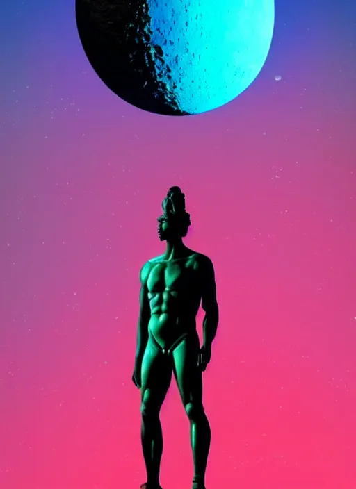 Image similar to statue of atlas, moon in the background, beeple, vaporwave, retrowave, black background, neon wiring, black, glitch, strong contrast, cuts, pinterest, trending on artstation