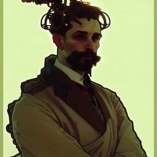 Image similar to portrait of a vicotrian engineer man in suit by alphonse mucha, simon stalenhag and darek zabrocki, cinematic and atmospheric, concept art, artstation, trending on artstation