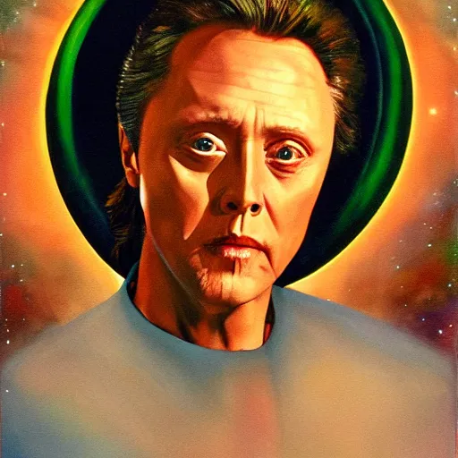 Prompt: Christopher Walken painted like a Saint with halo behind head, angels flying aound.