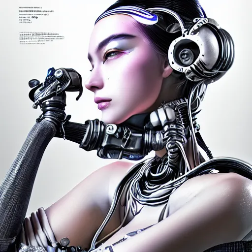 Image similar to the portrait of an absurdly beautiful, graceful, sophisticated, fashionable cyberpunk gynoid gravure idol, an ultrafine hyperdetailed illustration by kim jung gi, irakli nadar, intricate linework, neon wiring, porcelain skin, unreal engine 5 highly rendered, global illumination, radiant light, detailed and intricate environment