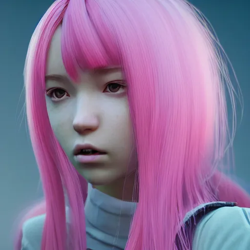 Image similar to girl with long pink hair, instagram photo, kodak, portra, by wlop, ilya kuvshinov, krenz, cushart, pixiv, zbrush sculpt, octane render, houdini, vfx, cinematic atmosphere, 8 k, 4 k 6 0 fps, unreal engine 5, ultra detailed, ultra realistic