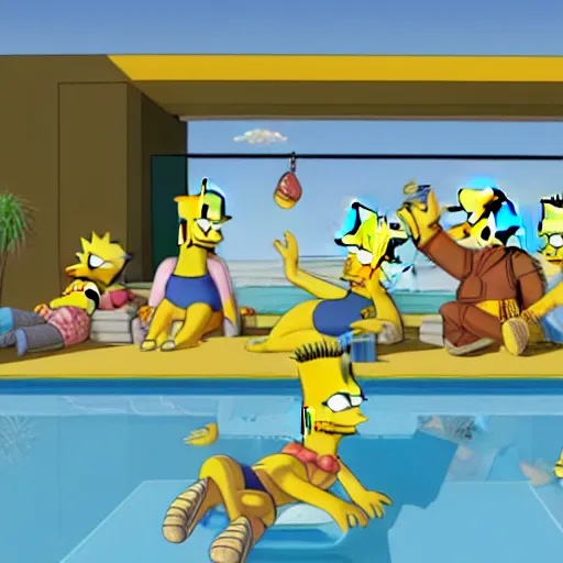 Image similar to 3D render of the Simpsons lounging near a pool