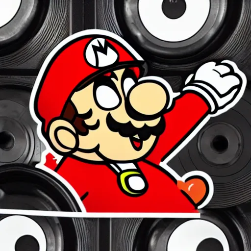 Image similar to svg sticker of a Pop-Wonder SuperMario, Mario-Wearing-a-red-hat, at a rave, spinning records, giant headphones rocking out, wearing headphones, huge speakers, dancing, rave, DJ, spinning records, digital art, amazing composition, rule-of-thirds, award-winning, trending on artstation, featured on deviantart