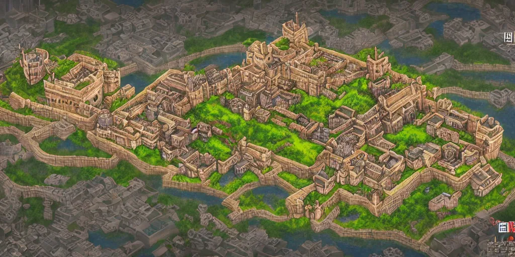 Prompt: Beautiful rectangular walled city state with castle at the top. In style of Lee Myung-jin, Korean MMORPG, manhwa, Ragnarok Online, epic, professional art, digital art, 8K, view from above.