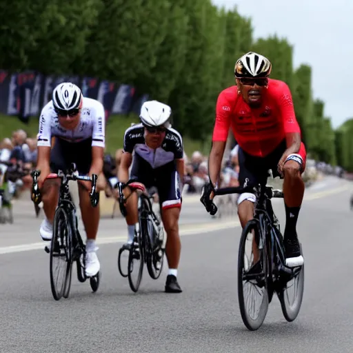 Prompt: Donald Trump and Obama competing in the Tour de France