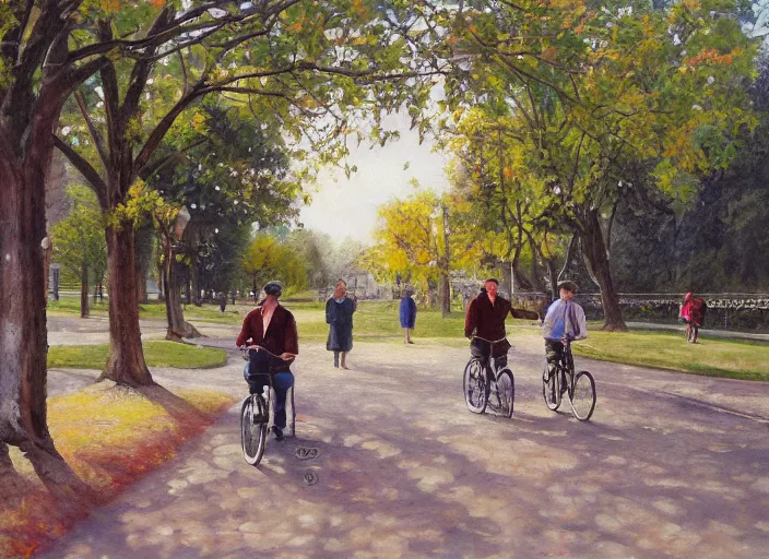 Image similar to a couple on bicycles in the park painting by Viktor Tsvetkov