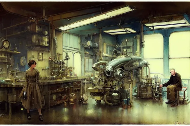 Image similar to ( ( ( ( ( 1 9 5 0 s retro science fiction mechanics shop interior scene. muted colors. ) ) ) ) ) by jean - baptiste monge!!!!!!!!!!!!!!!!!!!!!!!!!!!!!!