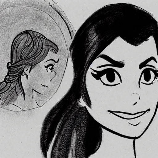 Image similar to milt kahl sketch of victoria justice as princess with hair tendrils