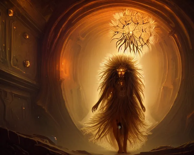 Image similar to 4 k cinematic still portrait of a human figure dandelion monster in a dark liminal space room, amber glow, deep focus, d & d, fantasy, intricate, elegant, highly detailed, digital art, art station, concept art, matte, sharp focus, illustration, dark fantasy art, hearthstone, art by artgerm and greg rutkowski and alphonse mucha