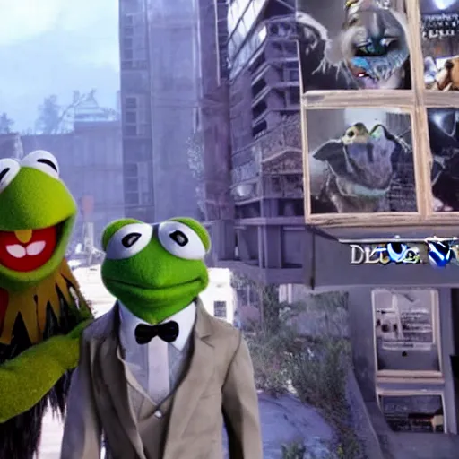 Image similar to a still of from the movie the muppet movie crossover with the game deus ex : mankind divided