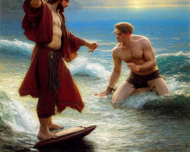 Image similar to attractive male wizard casting powerful wave water spell in a beautiful lake. highly detailed painting by gaston bussiere, craig mullins, j. c. leyendecker 8 k