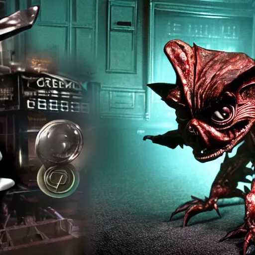 Image similar to Gremlins vs Predator hyperreal film noir detective green screen movie set with live action practical effects | Detective Predator | Gremlin President