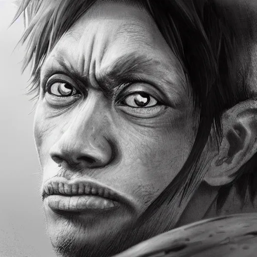 Prompt: closeup portrait of monkey d luffy, realistic portrait, dramatic lighting, trending on artstation, high detail, by greg rutkowski