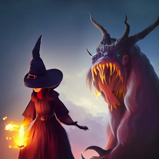 Prompt: novice young witch conjuring a monstrous demonic behemoth realistic 4 k high definition artstation trending path traced contrast light and dark colorful bokeh scale