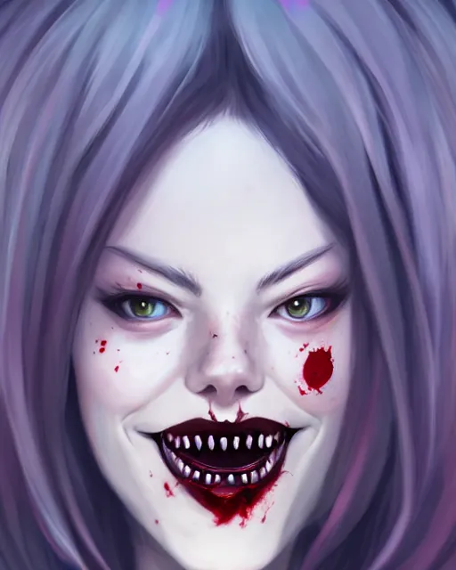 Prompt: a portrait of a beautiful full body Emma Stone vampire sharp teeth open mouth, covered in blood, art by lois van baarle and loish and ross tran and rossdraws and sam yang and samdoesarts and artgerm, digital art, highly detailed, intricate, sharp focus, Trending on Artstation HQ, deviantart, unreal engine 5, 4K UHD image