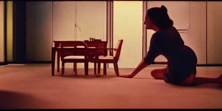 Image similar to photorealistic Cinematography of a two women kissing on the floor at night in a mid century modern apartment shot on film at magic hour with the sun shining into a room filled with volumetric haze by the shining Cinematographer john alcott on a cooke panchro 18mm lens .