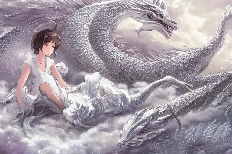 Prompt: a hyper detailed big render that beautiful princess lie on the ground be surrounded in the white clouds fairyland center by a huge silver white dragon, finely detailed angelic face, style of studio ghibli, makoto shinkai, xision, ilya kuvshinov and artgerm, kazuki tanahashi, james jean, animation style, golden curve composition, telephoto lens