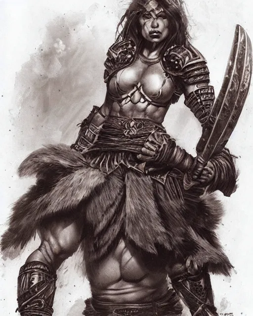 Image similar to a beautiful and strong female warrior by Boris Valejo and Frank Franzetta