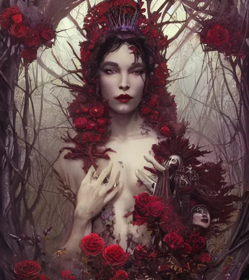 Image similar to portrait of the supreme queen of the blood cult, surrounded by skulls and overgrowth and dark flowers by karol bak, James Jean, tom bagshaw, rococo, trending on artstation, fantasy magic, fashion girl cinematic lighting, hyper realism, octane render, 8k, hyper detailed.