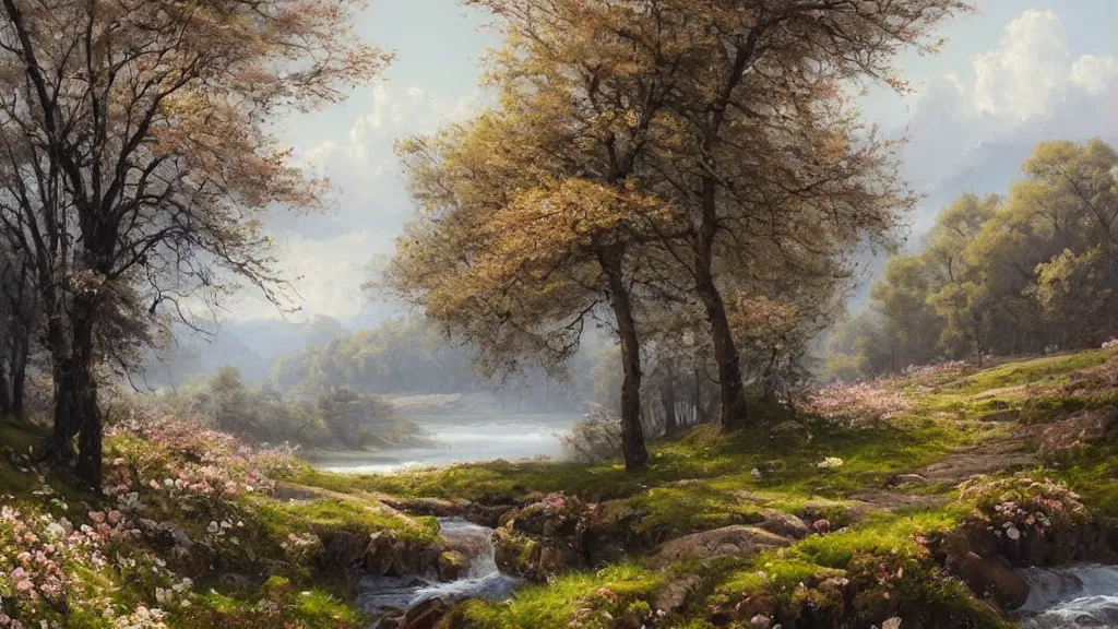 Image similar to A beautiful landscape oil painting of a hill with trees, the spring has arrived and the trees are blooming and covered with colorful flowers, the river is zigzagging and flowing in its way, the river has lots of dark grey rocks, by Greg Rutkowski