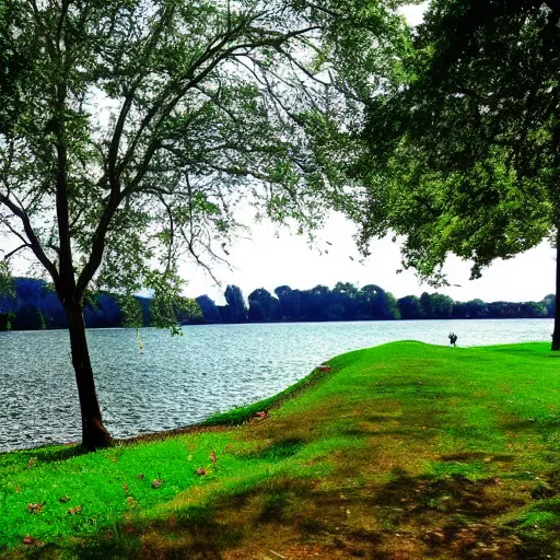 Prompt: Nature around the lake, trees grass, sky, landscape