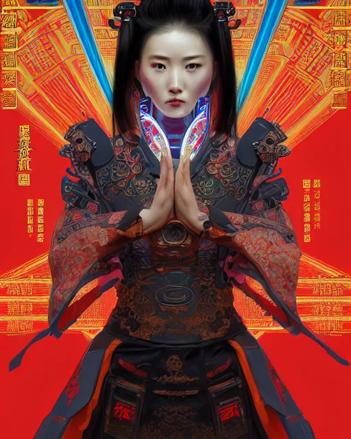 Image similar to portrait of a chinese cyberpunk machine, machine face, robed, upper half portrait, decorated with chinese opera motifs regal royal fierce machine robot cyberpunk fine china, wuxia, traditional chinese art intricate intense elegant highly detailed digital painting artstation concept art smooth sharp focus illustration, art by artgerm and greg rutkowski alphonse mucha 8 k