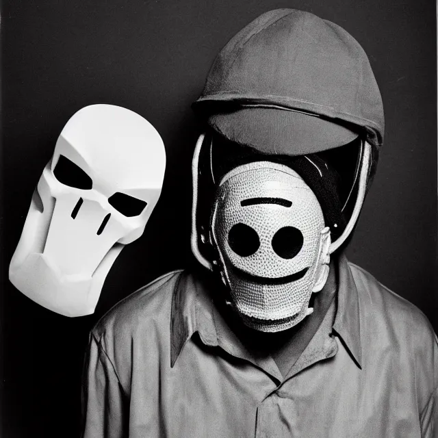 Image similar to Chaves El Chavo del Ocho wearing the MF Doom mask. a black and white photograph close-up studio portrait by Robert Mapplethorpe. Tri-x. Madvillain album cover