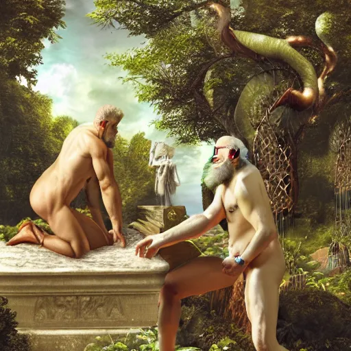 Prompt: white - bearded, god, contemplating adam and eve's future, in the garden of eden - sorcerer, detailed, futuristic, photo - realistic, digital art