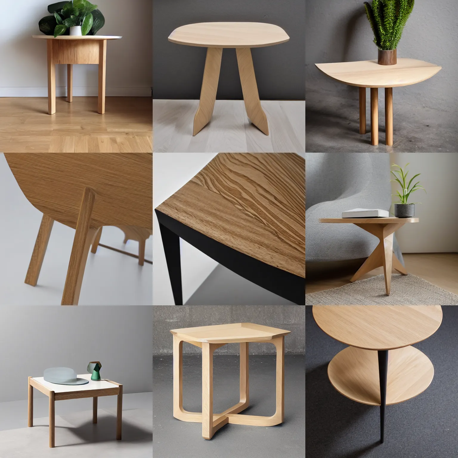 Prompt: studio photograph modern oak end table, geometric, flowing, convex, concave, rounded, tapered edges, white background, oiled wood, hand-crafted scandinavian furniture, award-winning carpenter