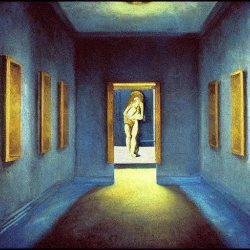 Image similar to an ivory and golden demon in a blue haunted liminal abandoned room, film still by edward hopper, by gottfried helnwein, by klimt, art noveau, highly detailed, strong lights, liminal, eerie, bright pastel colors,