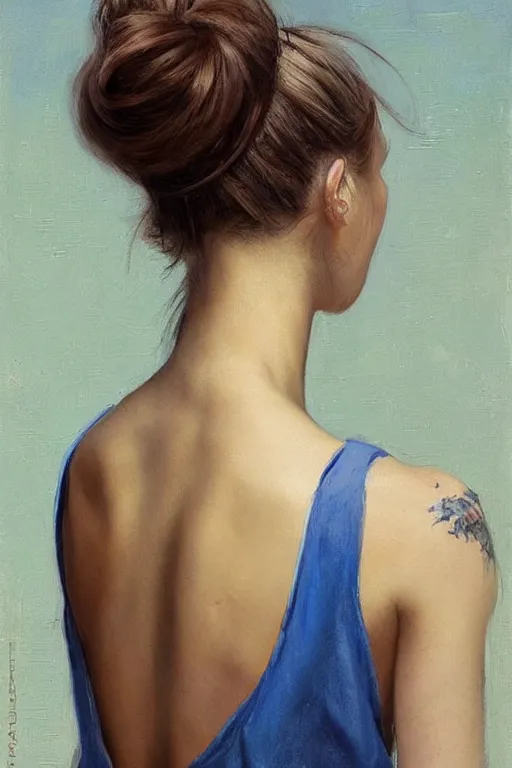 Image similar to girl with messy bun hairstyle, back view, blue camisole!!!!!!! shoulder tattoo!!!!!!! jeremy lipking, joseph todorovitch