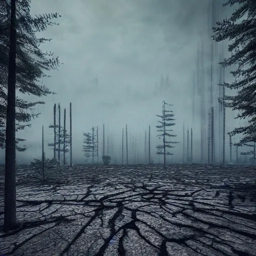 Image similar to dystopian landscape, desolate, tall grim trees. photograph, octane render