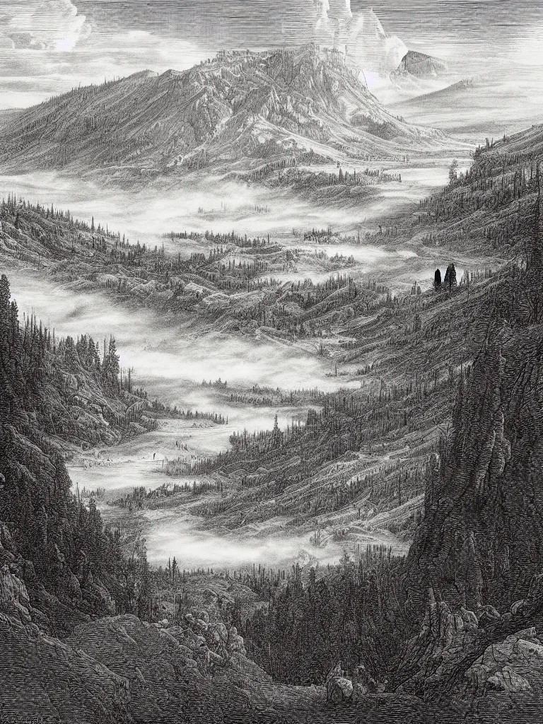 Image similar to an engraving of yellowstone national park by gustave dore and albrecht durer highly detailed, fog, depth, lithograph engraving, storybook illustration