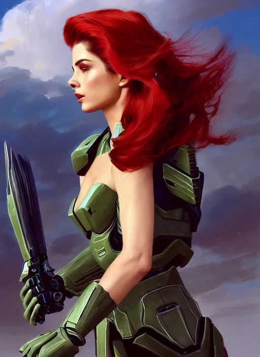 Image similar to A combination of Adriana Dxim's and Grace Kelly's and Ashley Greene's appearances with red hair wearing Forerunner armor from Halo, countryside, calm, fantasy character portrait, dynamic pose, above view, sunny day, thunder clouds in the sky, artwork by Jeremy Lipkin and Giuseppe Dangelico Pino and Michael Garmash and Rob Rey and Greg Manchess and Huang Guangjian, very coherent asymmetrical artwork, sharp edges, perfect face, simple form, 100mm