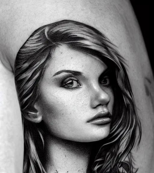 Image similar to a beautiful girl portrait, faded mountain background, realism tattoo, in the style of den yakovlev, black and white, hyper realistic, highly detailed