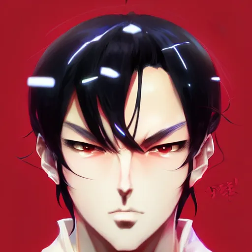 Image similar to anime portrait of a slick black hair guy with red eyes by stanley artgerm lau, wlop, rossdraws, james jean, andrei riabovitchev, marc simonetti, and sakimichan, trending on artstation